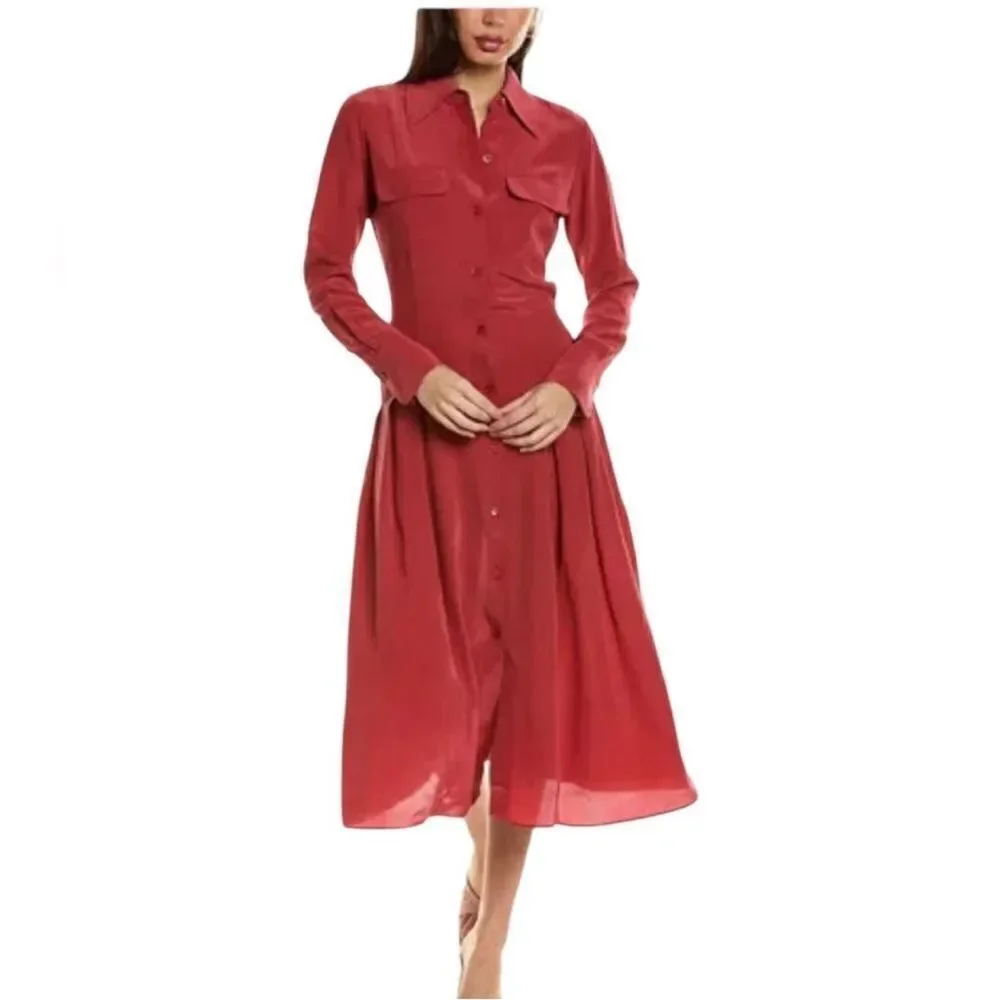 Equipment Natacha Red Silk Fit and Flare Midi  Shirt Dress| Size 4